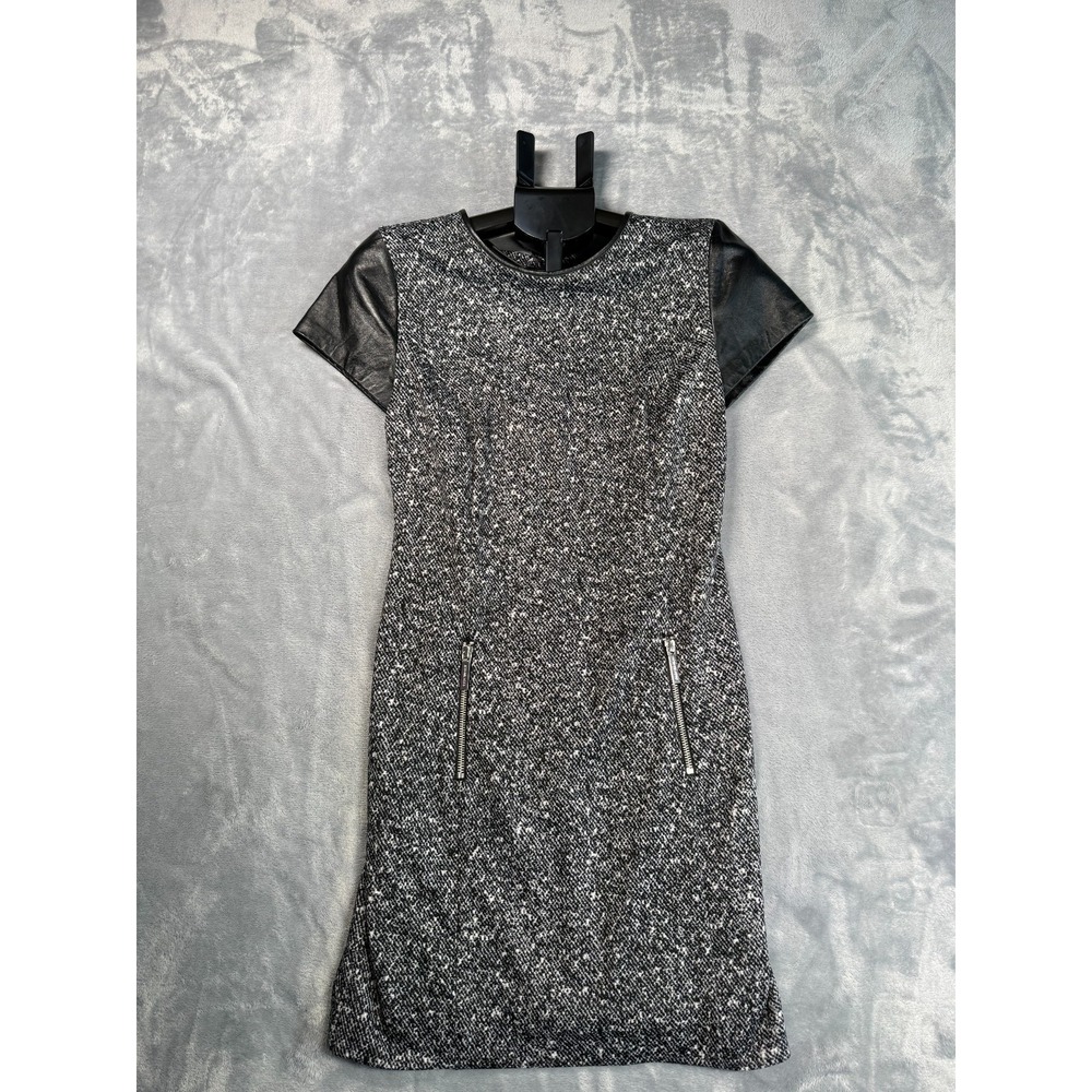 Michael Kors Shift Dress Women's 4 Black Tweed Faux Leather Sleeves Back Zipper
